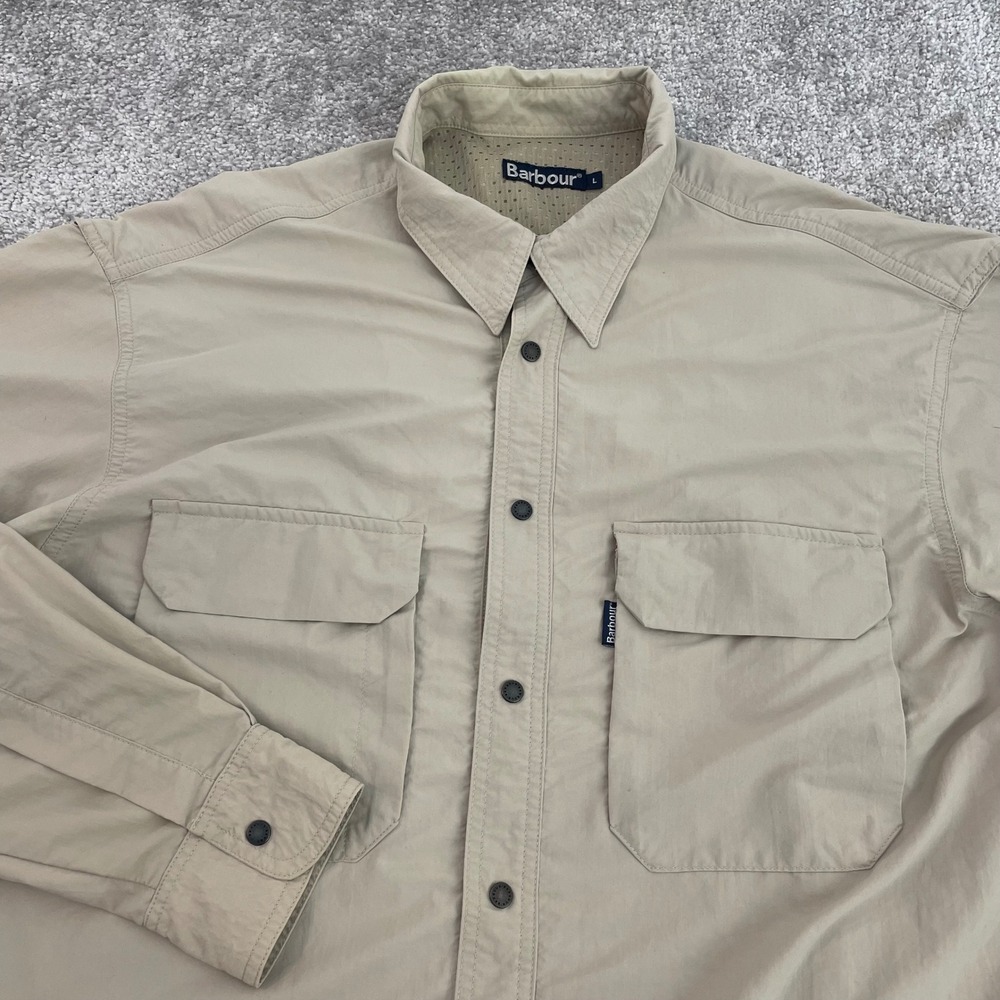 Barbour Mens Large Fishing Shirt Khaki Utility Long Sleeve Snap Front Safari